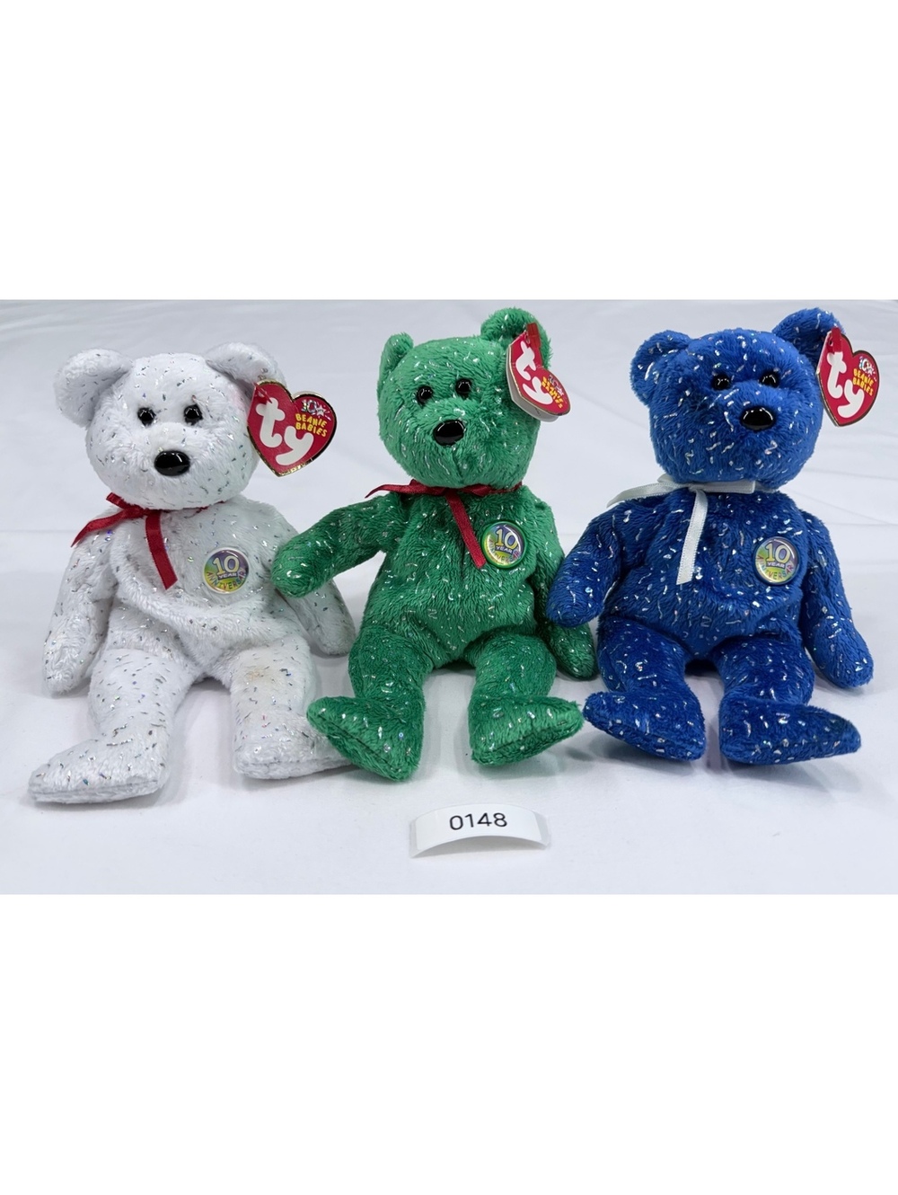 Ty Beanie Babies 10th Anniversary Glitter Bears Set of 3 - White, Green, andBlue